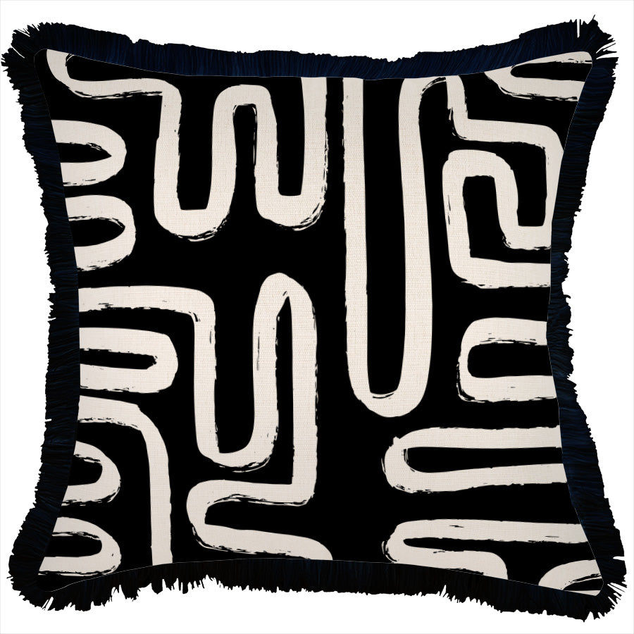 Cushion Cover-Coastal Fringe Black-Maze Black-45cm x 45cm