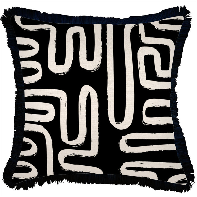 Cushion Cover-Coastal Fringe Black-Maze Black-45cm x 45cm