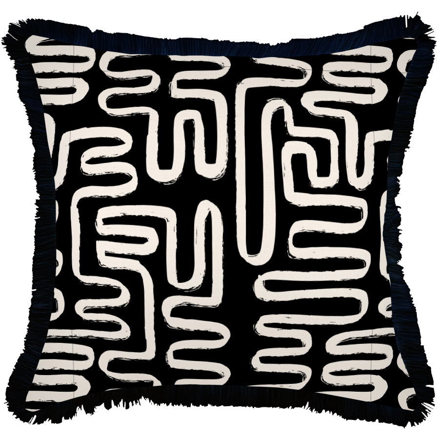 Cushion Cover-Coastal Fringe Black-Maze Black-60cm x 60cm