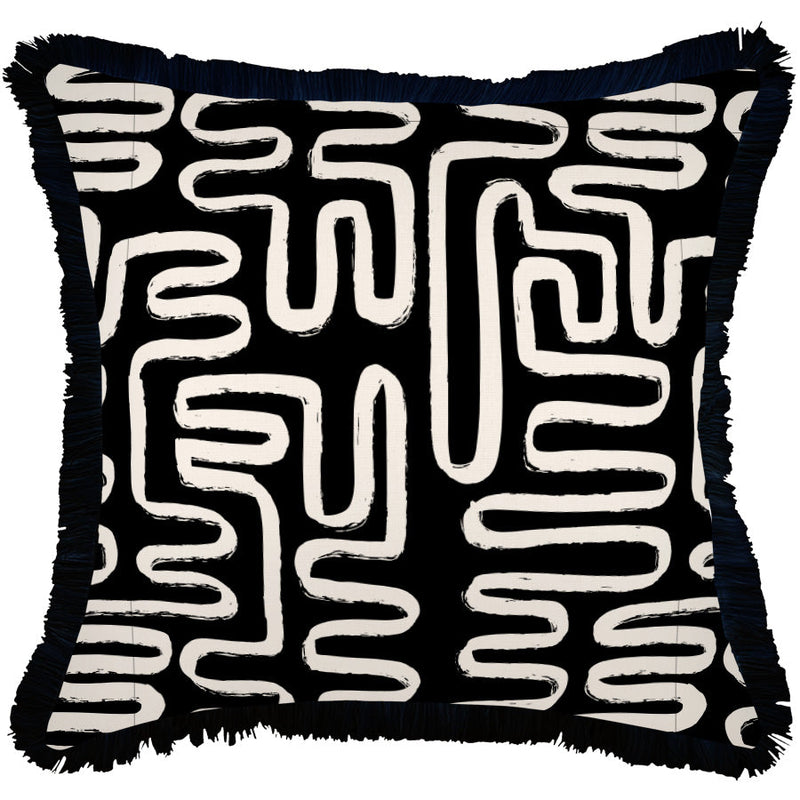 Cushion Cover-Coastal Fringe Black-Maze Black-60cm x 60cm
