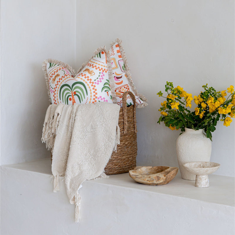Cushion Cover-Coastal Fringe-Palm Mosaic White-45cm x 45cm