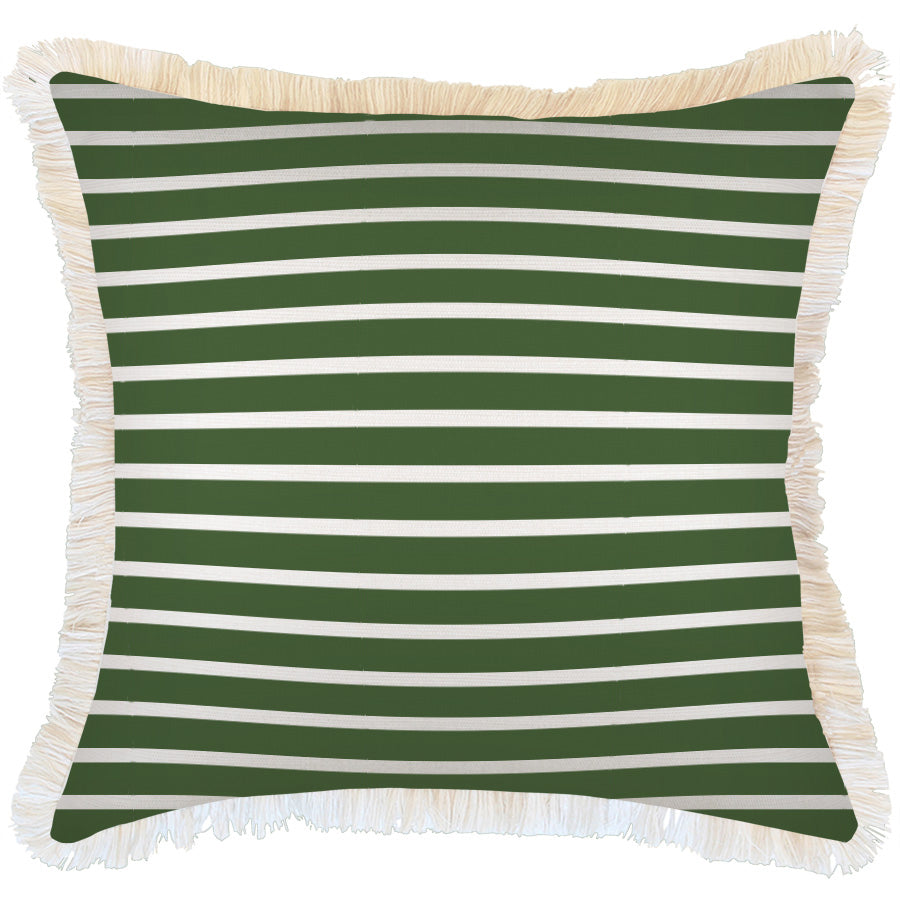 Cushion Cover-Coastal Fringe-Hampton Stripe Dark Green White-60cm x 60cm