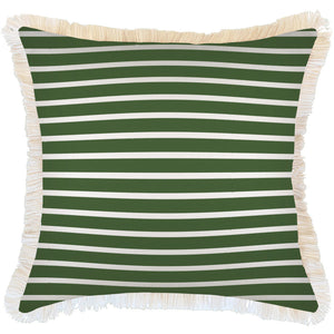 Cushion Cover-Coastal Fringe-Hampton Stripe Dark Green White-60cm x 60cm