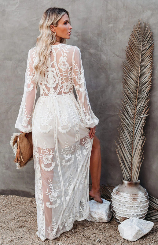 Lace Long Sleeve Deep V White Dress