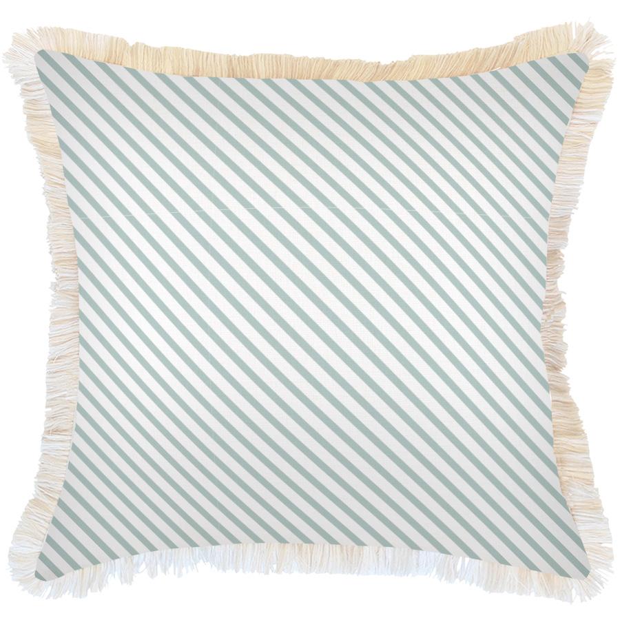 Cushion Cover-Coastal Fringe Natural-Side Stripe Seafoam-60cm x 60cm