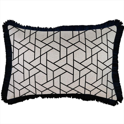 Cushion Cover-Coastal Fringe Natural-Side Stripe Teal-60cm x 60cm