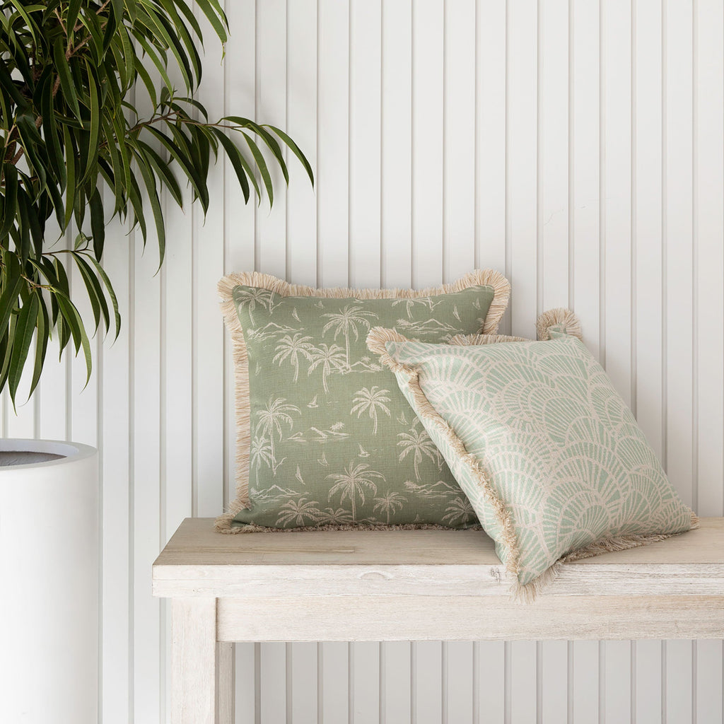 Cushion Cover-Coastal Fringe Natural-Postcards Sage-45cm x 45cm