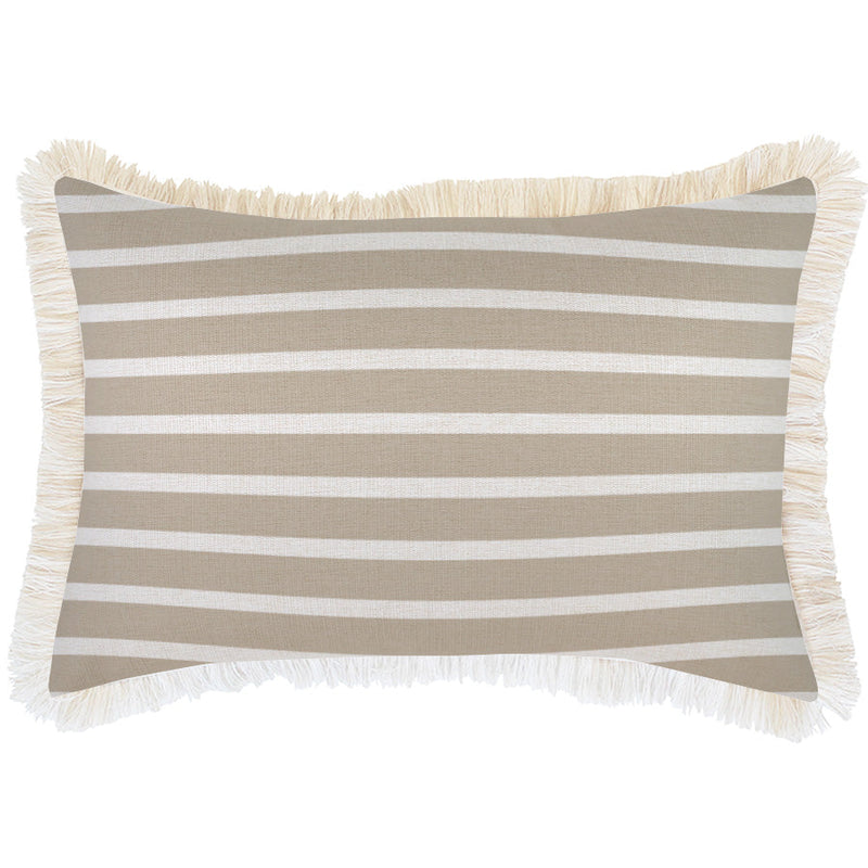 Cushion Cover-Coastal Fringe Natural-Hampton Stripe Beige-35cm x 50cm