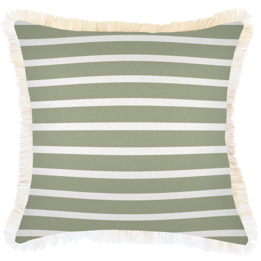 Cushion Cover-Coastal Fringe-Hampton Stripe Sage-45cm x 45cm