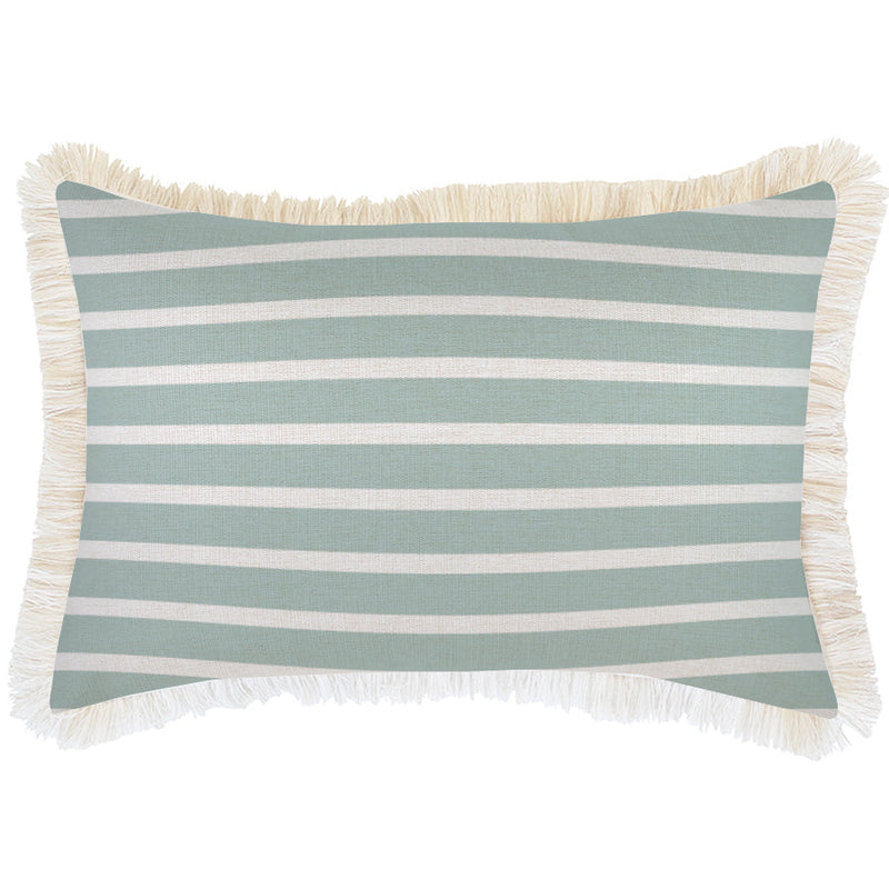 Cushion Cover-Coastal Fringe Natural-Hampton Stripe Seafoam-35cm x 50cm