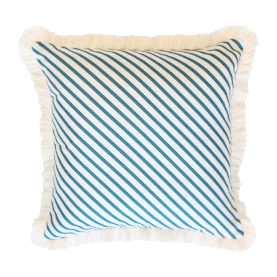 Cushion Cover-Coastal Fringe Natural-Side Stripe Teal-45cm x 45cm
