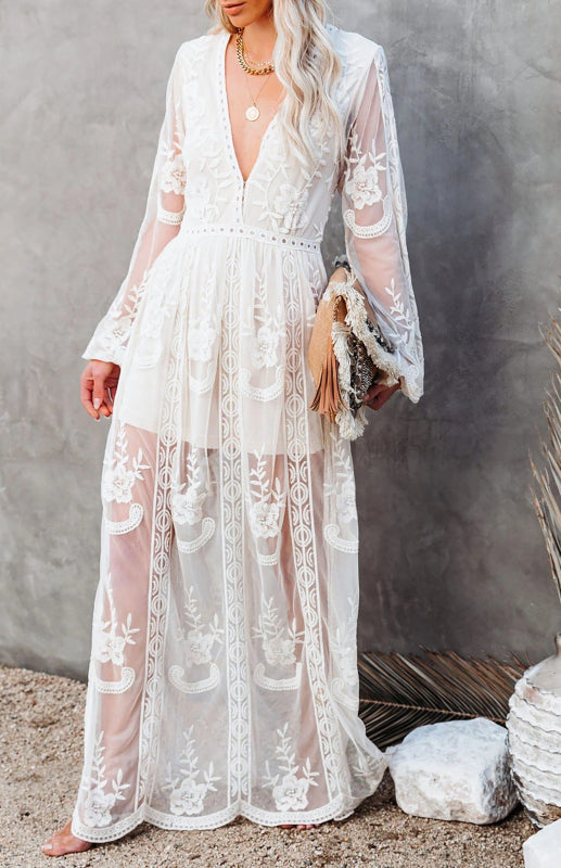 Lace Long Sleeve Deep V White Dress
